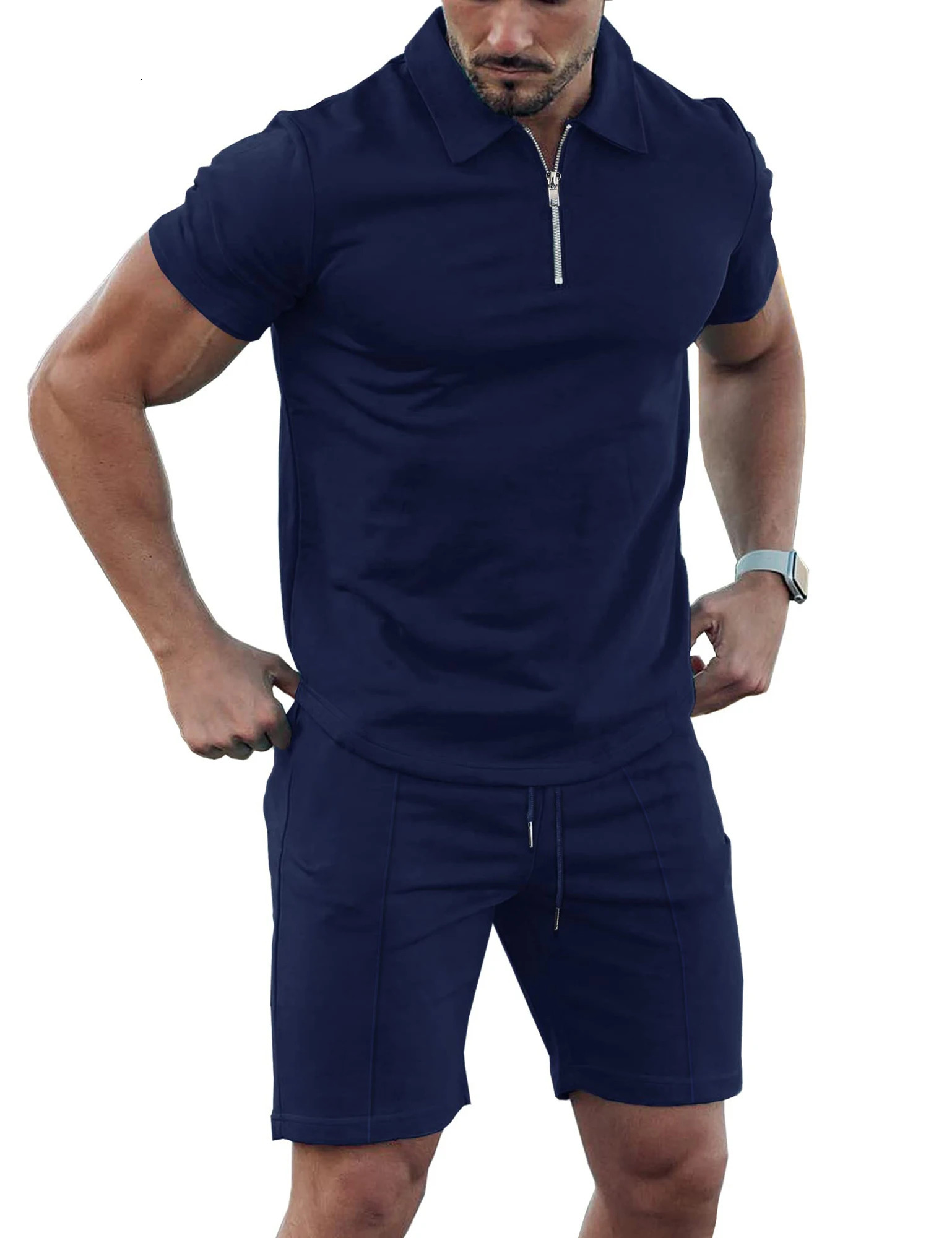 Mens Solid Color Sports Suit with ZipUp Polo Shirt and Drawstring Shorts 250612