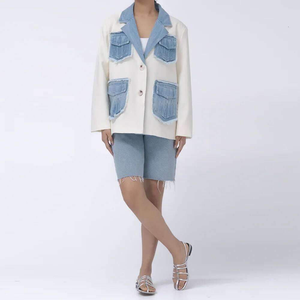 TWOTWINSTYLE Colorblock Patchwork Denim Jacket For Women Notched Collar Long Sleeve Spliced Pocket Casual Blazer Female Style