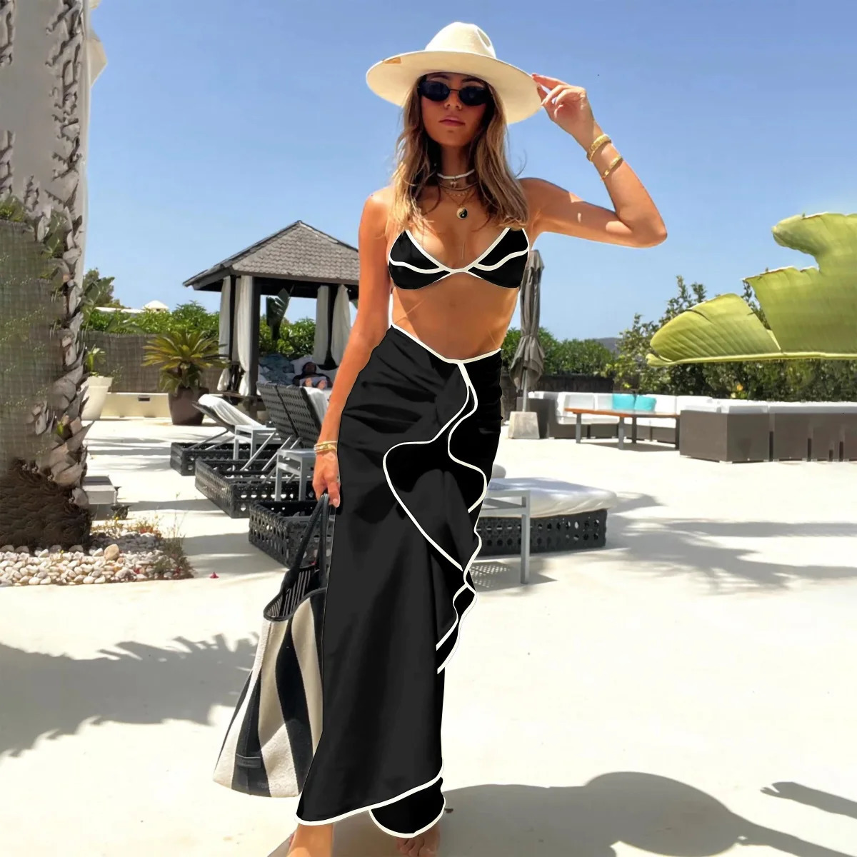 3 Pieces Sexy Bikini Set Black White Bikinis Women Swimsuit Female Elegant Swimwear Long Skirt Bathing Suit Beachwear Cover Up 250614