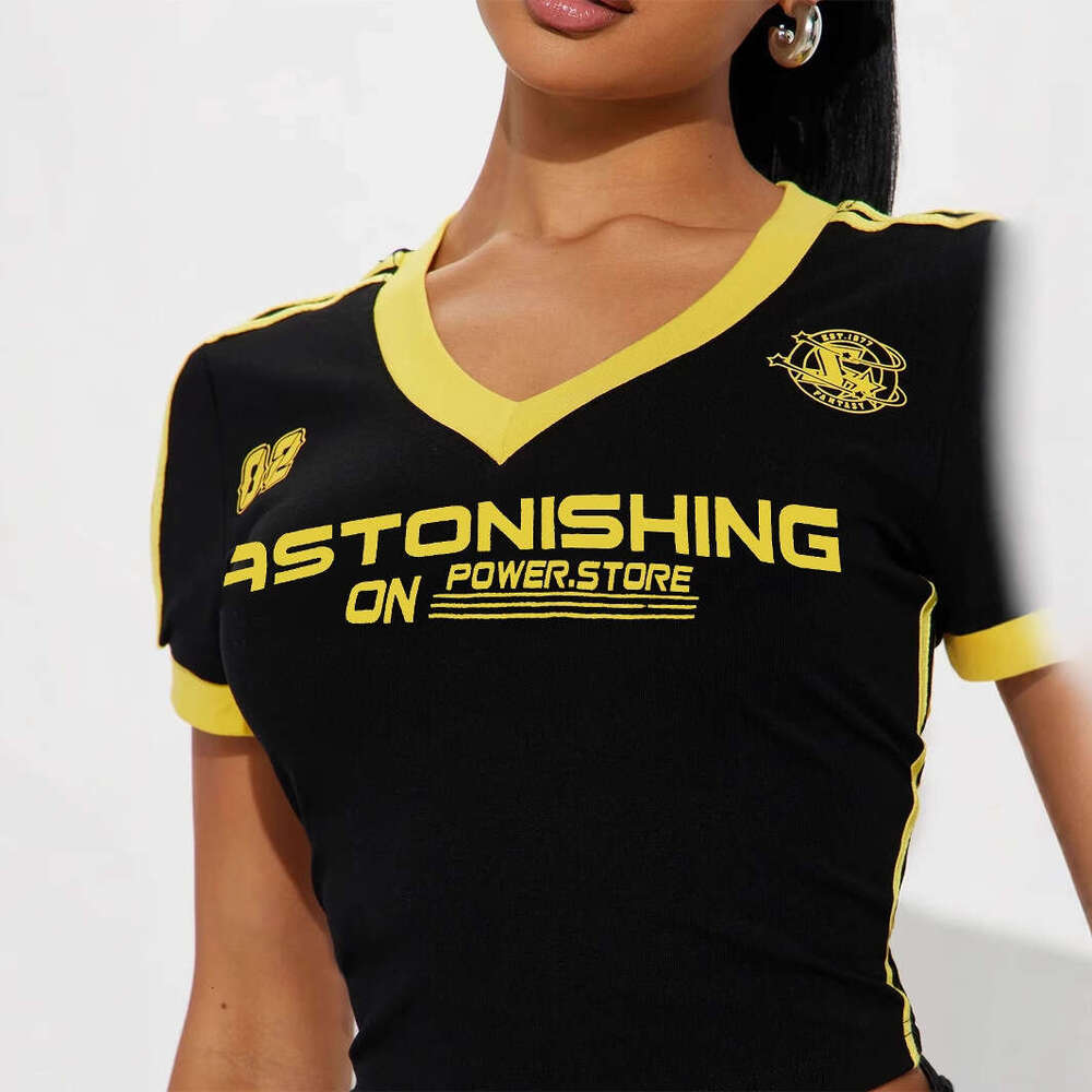 Autumn New Fashion Sports V-Neck Color Block Print Top Short Sleeve T-Shirt For Women B5