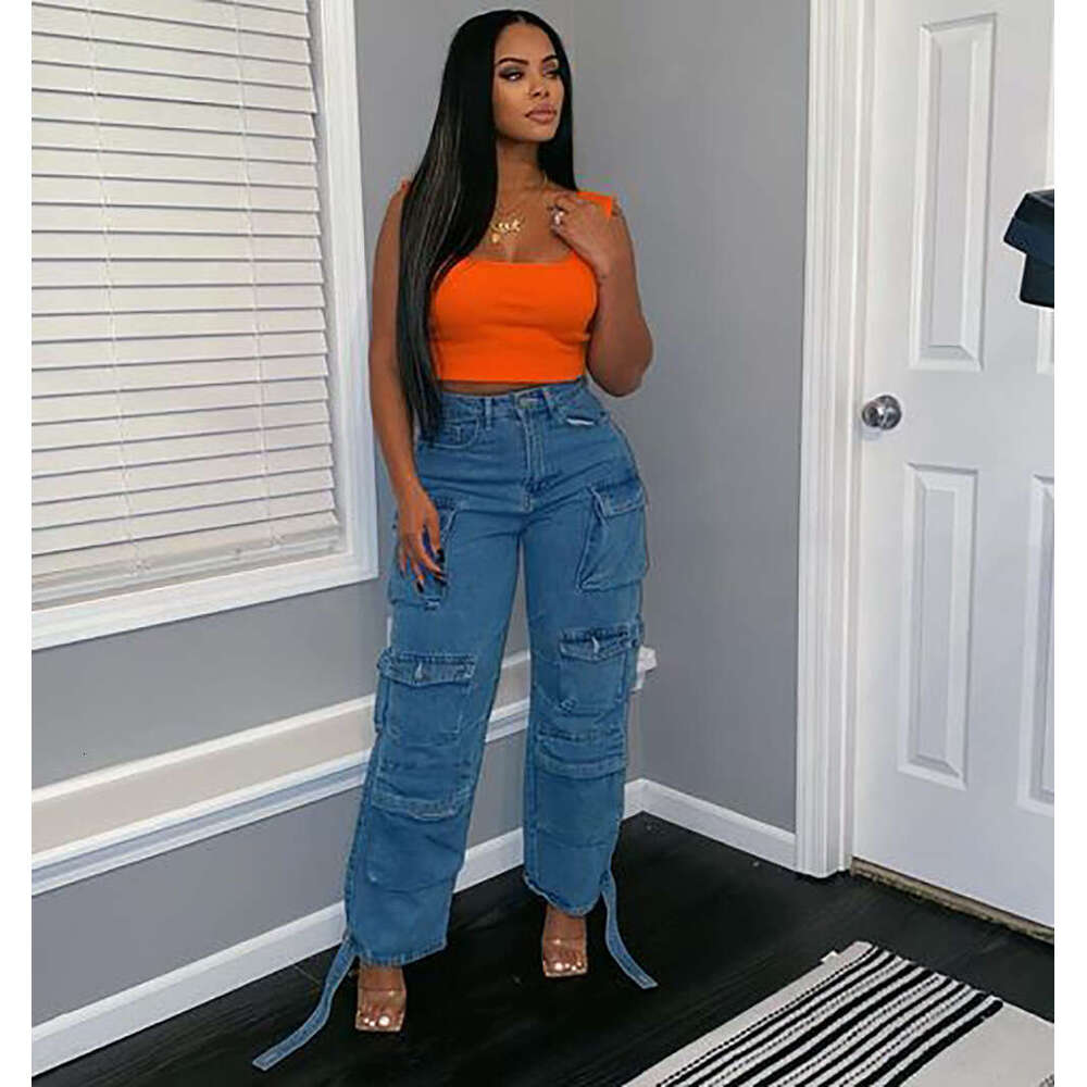 European and American Style Women's Fashion Hot Trend Multi-Pocket Cargo Pants Plus Size African Jeans 2025 Elegant Versatile New Trendy Clothing