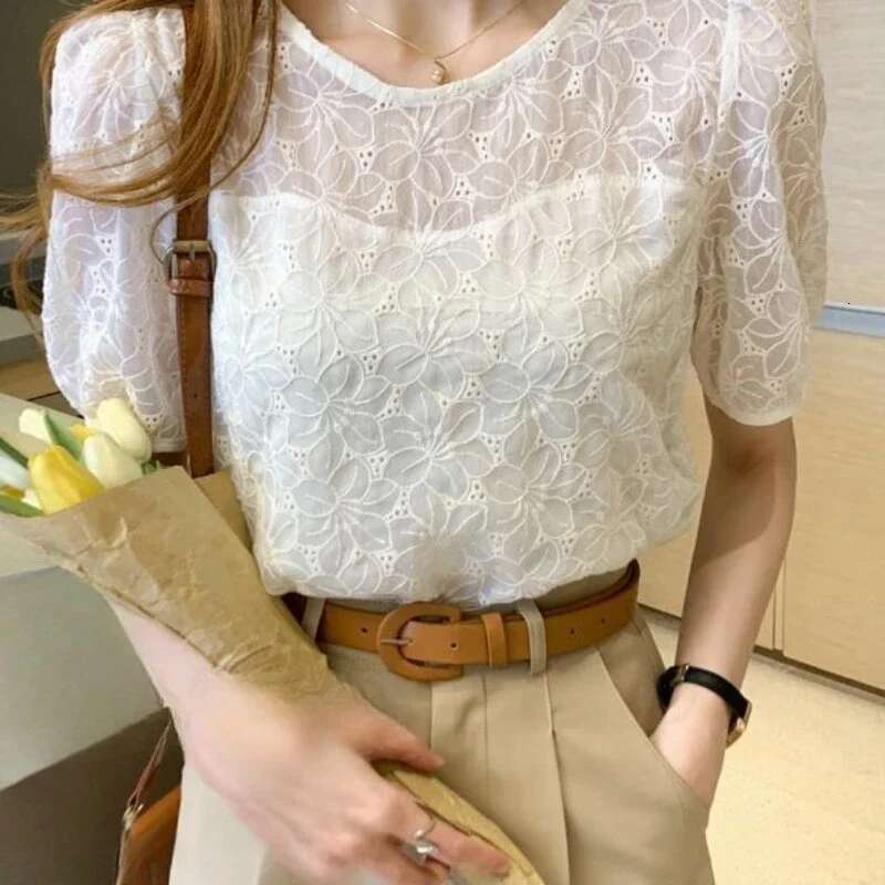Womens Shirt and Blouse with Puffy Sleeves See-through Female Tops White Summer Print Transparent Cute Elegant Xl Social Youth