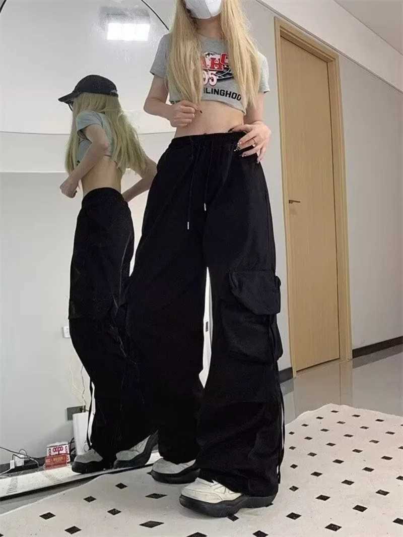 Y2K Retro Baggy Pants Fashion Women Solid High Waist Pocket Oversized Joggers Cargo Pant Casual Streetwear Drstring TrousersXJ250616