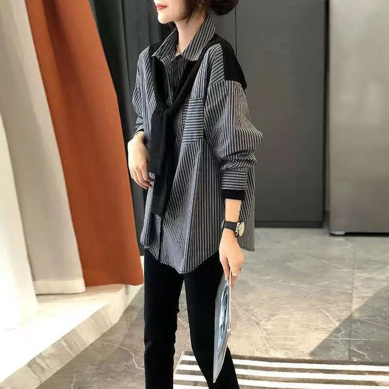 Clothing Black Top For Woman Spring Womens Shirts And Blouses Printed Loose Striped Fashion 2025 Streetwear Offer Stylish