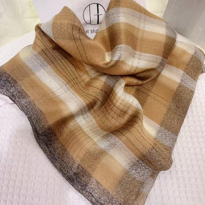 T979 gold-rimmed contrasting coarse plaid silk scarf spring and summer versatile thin silk neck scarf temperament fashionable western scarf