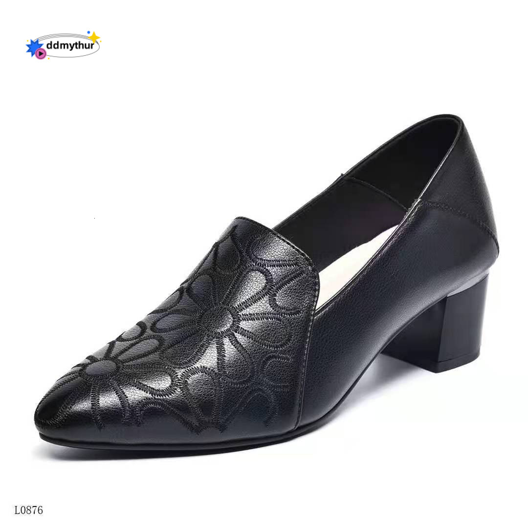 2024 Deep Mouth Pointed Toe Fashion Mid-Heel Work Internet Celebrity Wedge Spring and Autumn Embroidered Single Shoes for Women ddmythur