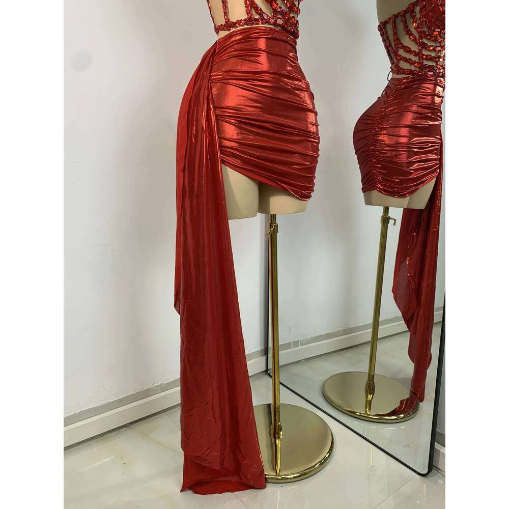 Sparkly Red Dias Asymmetrical Two Pieces Dress Design 2025 Women Sexy Strapless Top Skirt Suits Dance Performance Outfit