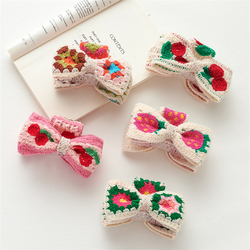 New holiday style knitted bow hair grip flowers fruit hollow women's small fresh grasp clip hair accessories