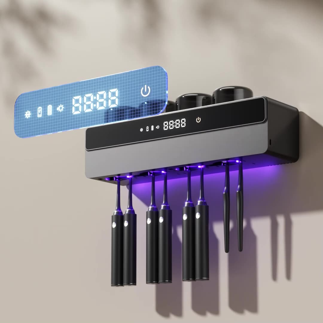 Wall mounted Toothbrush Sanitizer Rack Smart Drying UV Sterilization Punch free Toothbrush Cup Holder Wall mounted Charging