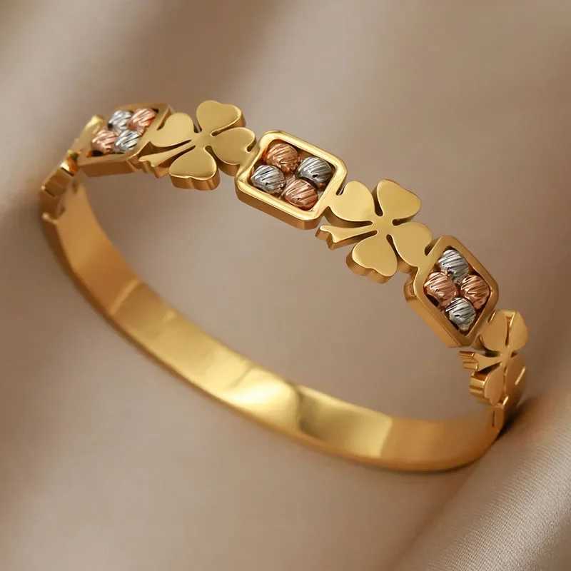 Stainless Steel Metal Mix Beads Flower Bangles for Women Fashion Brand Jewelry Elegant Bangles Accessories Z250616