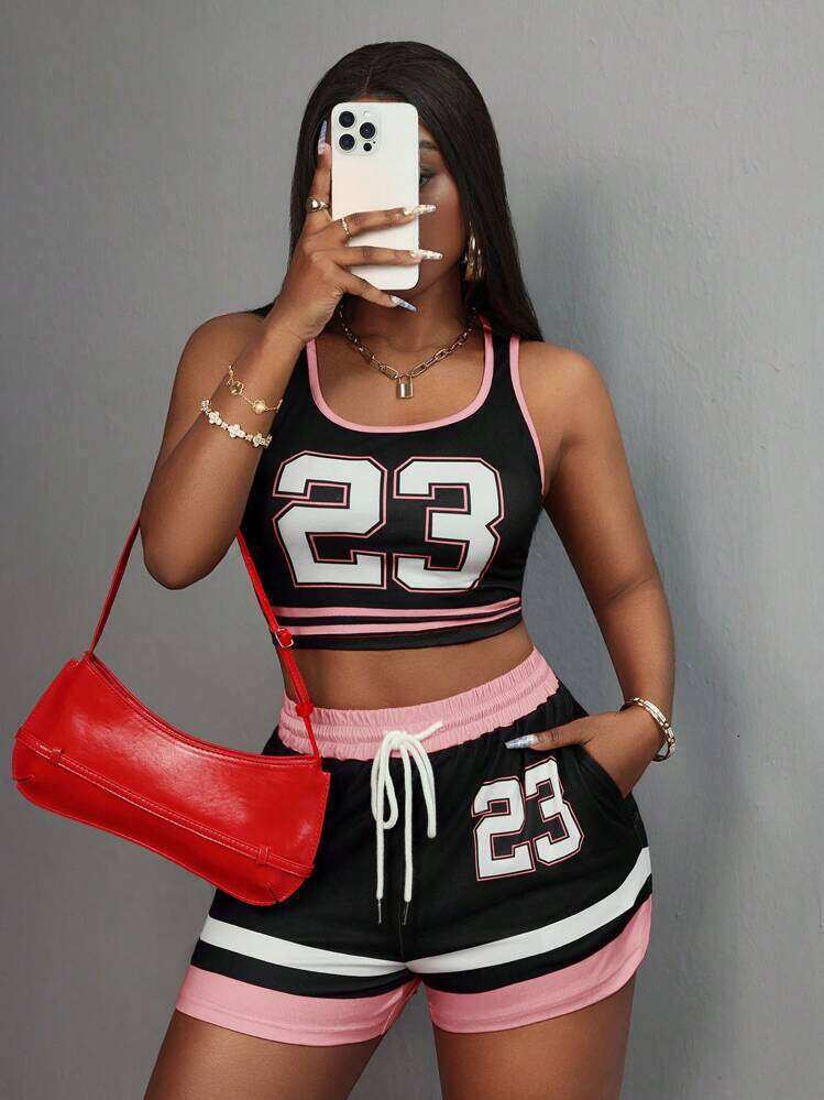New Fashion Color-Block Print Slim Fit Sexy Sports Vest Short Top With Tie Shorts Set B5