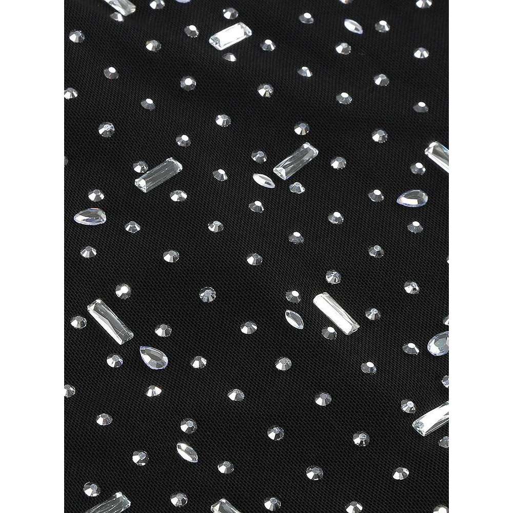 Sexy Turtleneck Sleeve Mesh Crystal Dia Long Dress Women Black Bright Rhinestone Beads Slim Dresses Evening Party Gowns