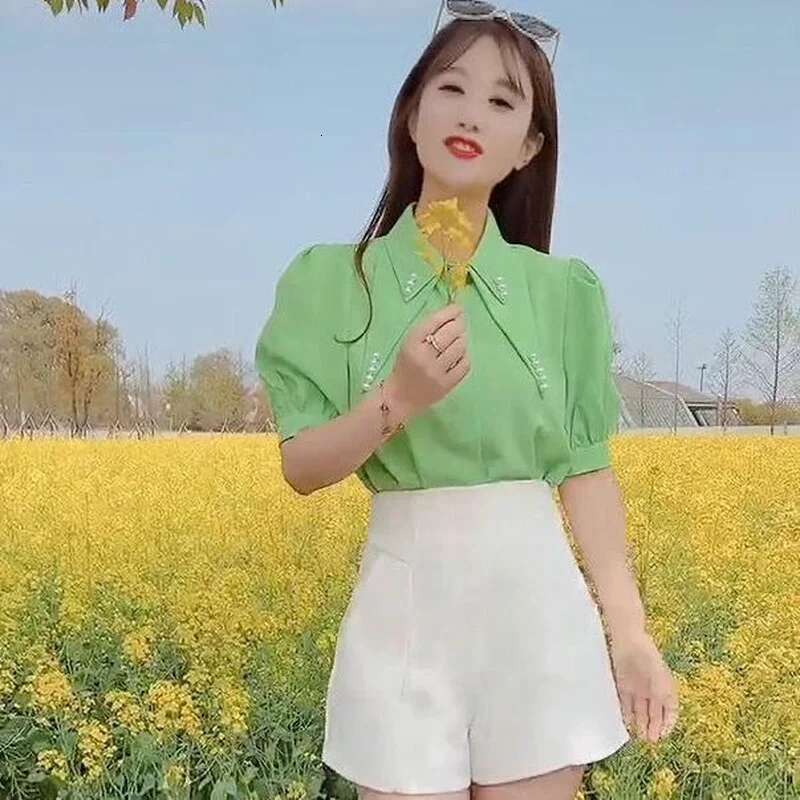 Clothes Chiffon Womens Shirt Blouse Collar Tops for Women Office Outfits with Puffy Sleeves Wear To Work Formal Green New 2025