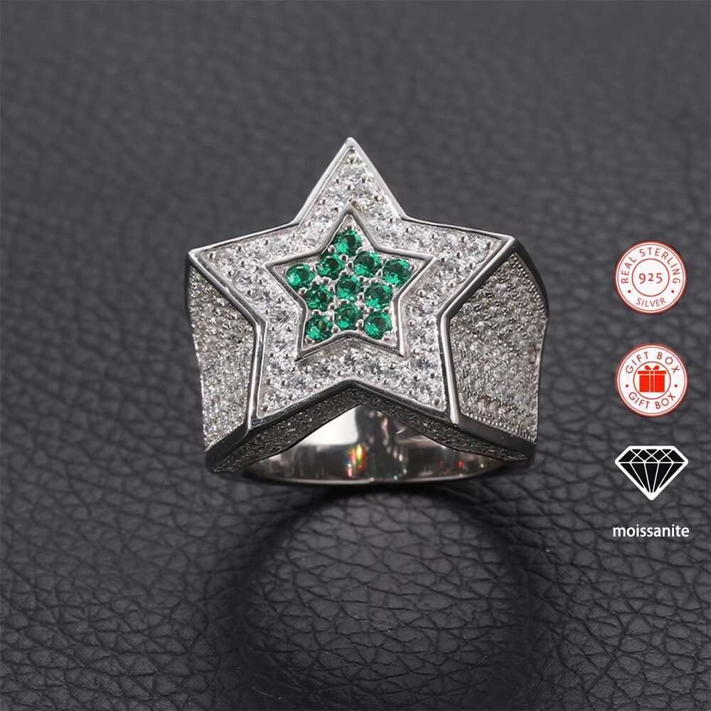 Sapphire Star Pentagram Moissanite Ring for Men 18K Gold-Plated S925 Sterling Silver Hiphop Style Rings