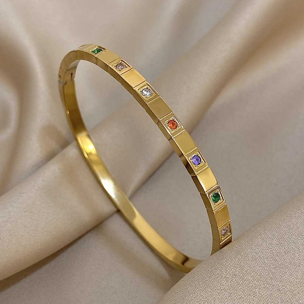 New Inlaid Square Small Colored Zircon Stainless Steel Bangle for Women Luxury Gold Plated Cubic Zirconia Z250616