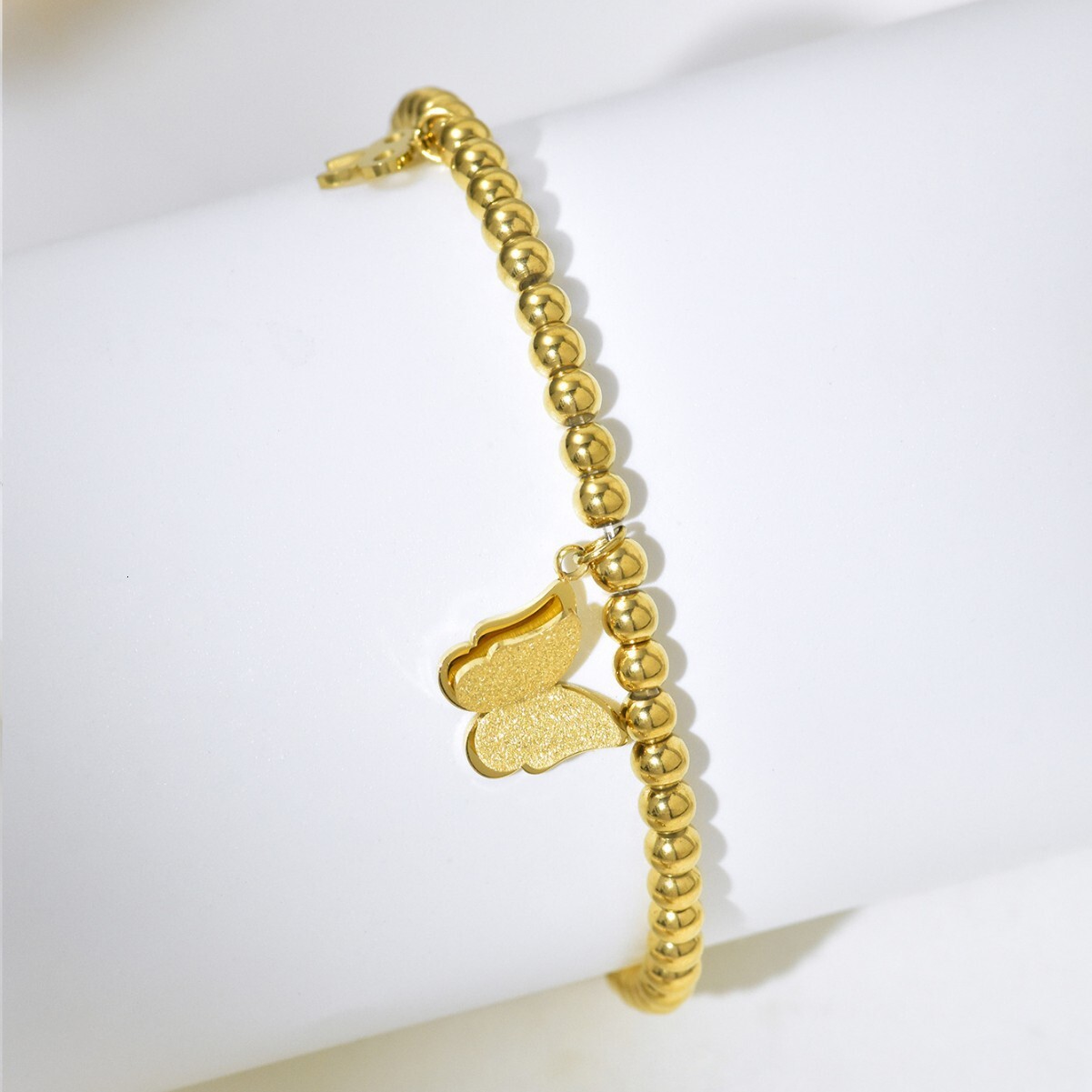 Light Style Gold Round Bead Butterfly Bracelet for Women, Stainless Unique and Versatile, Exquisite Titanium Steel, Non-Fading Jewelry