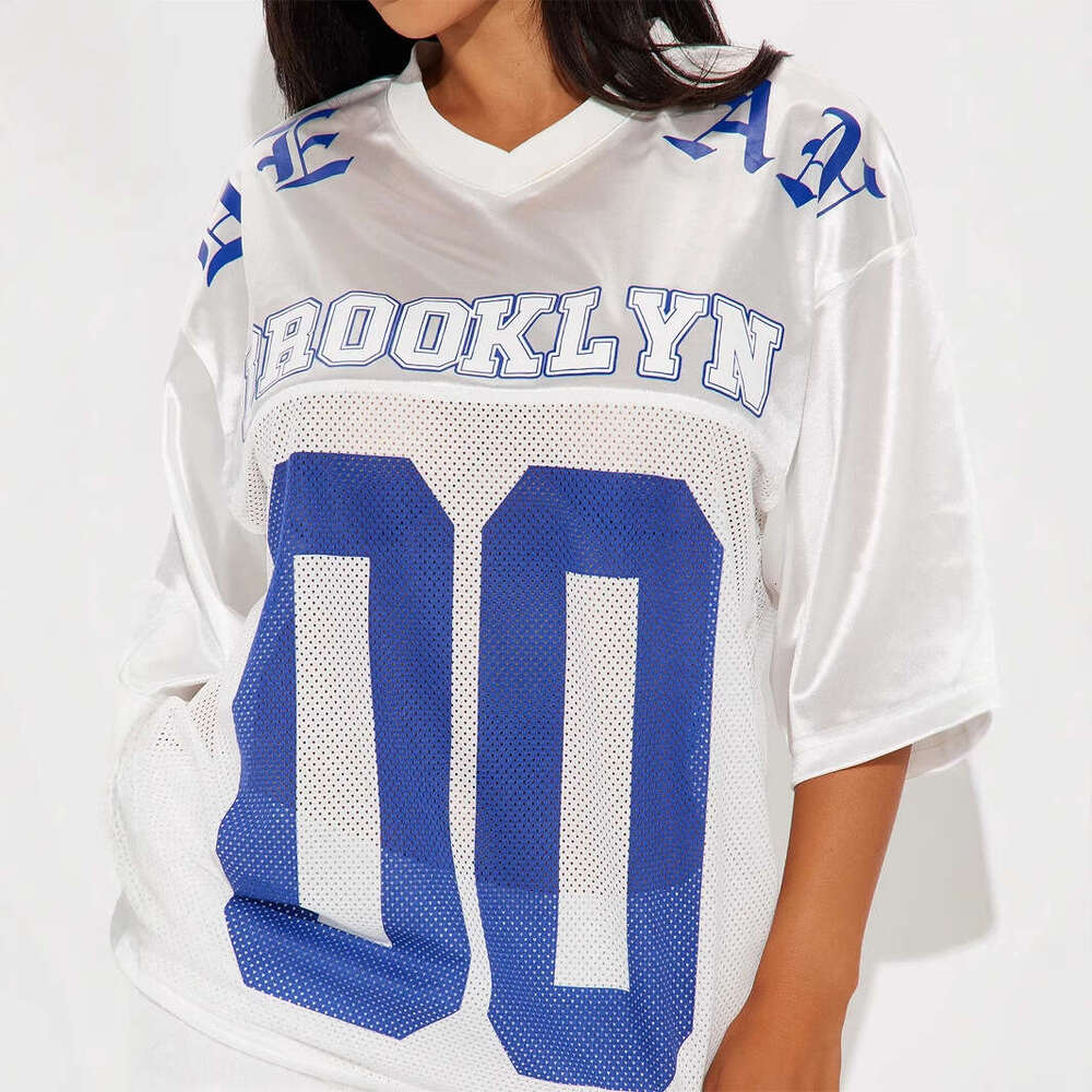 Autumn New American Style Sports Letter Print Loose Casual V-Neck Short Sleeve Top B5