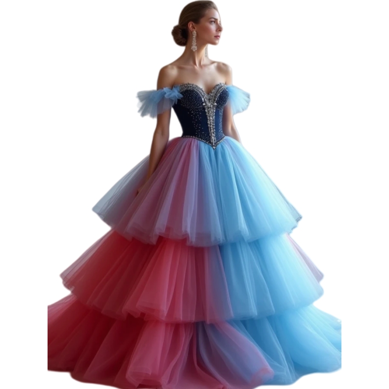 Off-Shoulder Colorful Prom Dresses Sky Blue With Watermelon Tulle Puff Tiered Party Gown Crystal Beaded Sweetheart Birthday Dress Back Lace-Up