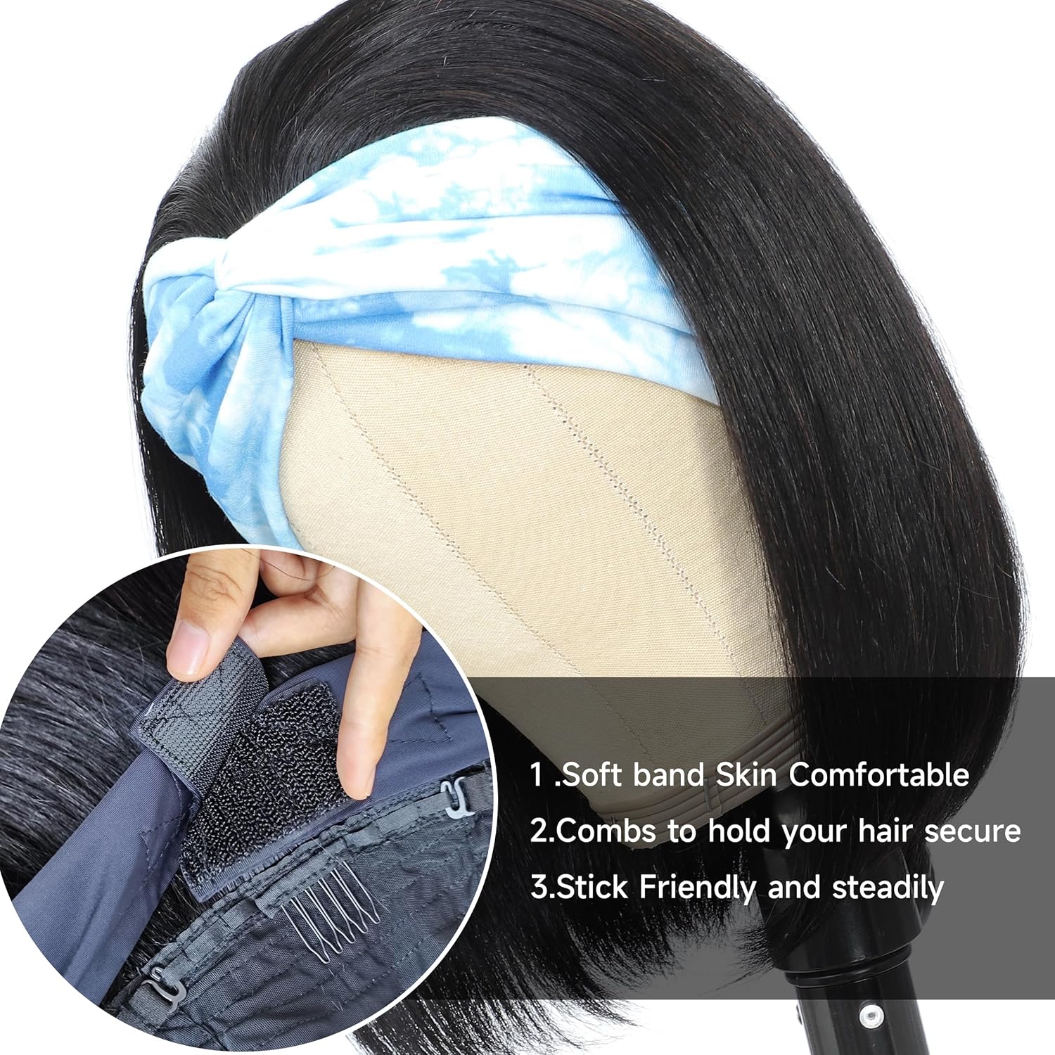Headband wigs human hair 360,14 Inch Glueless Wig Short None Lace Front Short human hair wig for Black Women Natural Black 150% Density