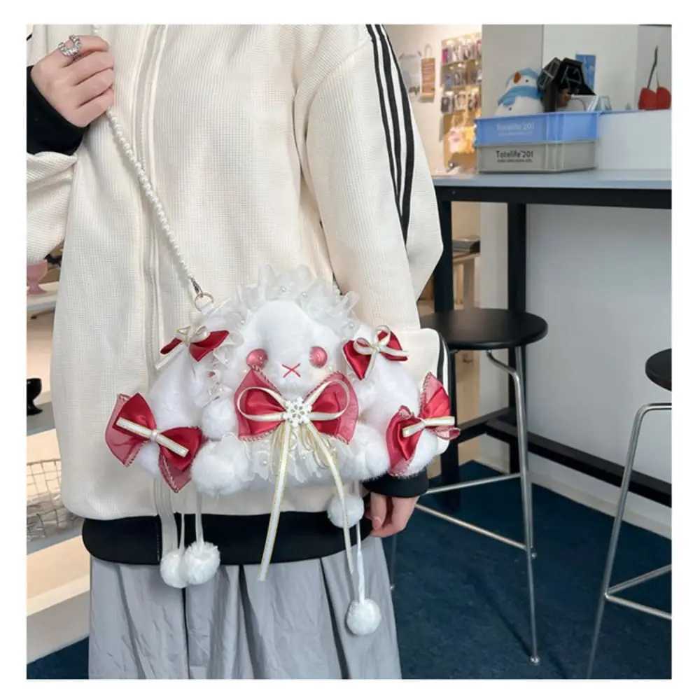 Cute Long-eared Rabbit Plush Bag Bunny Lolita Kawaii Shoulder Bag Sweet Princess Crossbody Bags Pearl Chain PurseXJ2520616