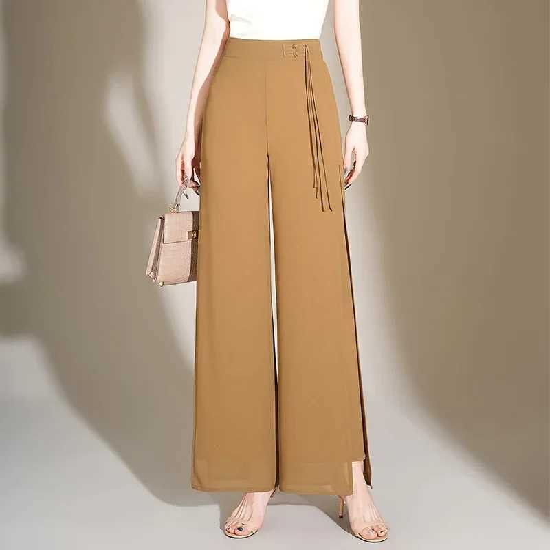 High Waist Wide Leg Straight Cut Summer New Thin Chiffon Split Casual Pants for Women Comfortable Loose Fit TrousersXJ250616