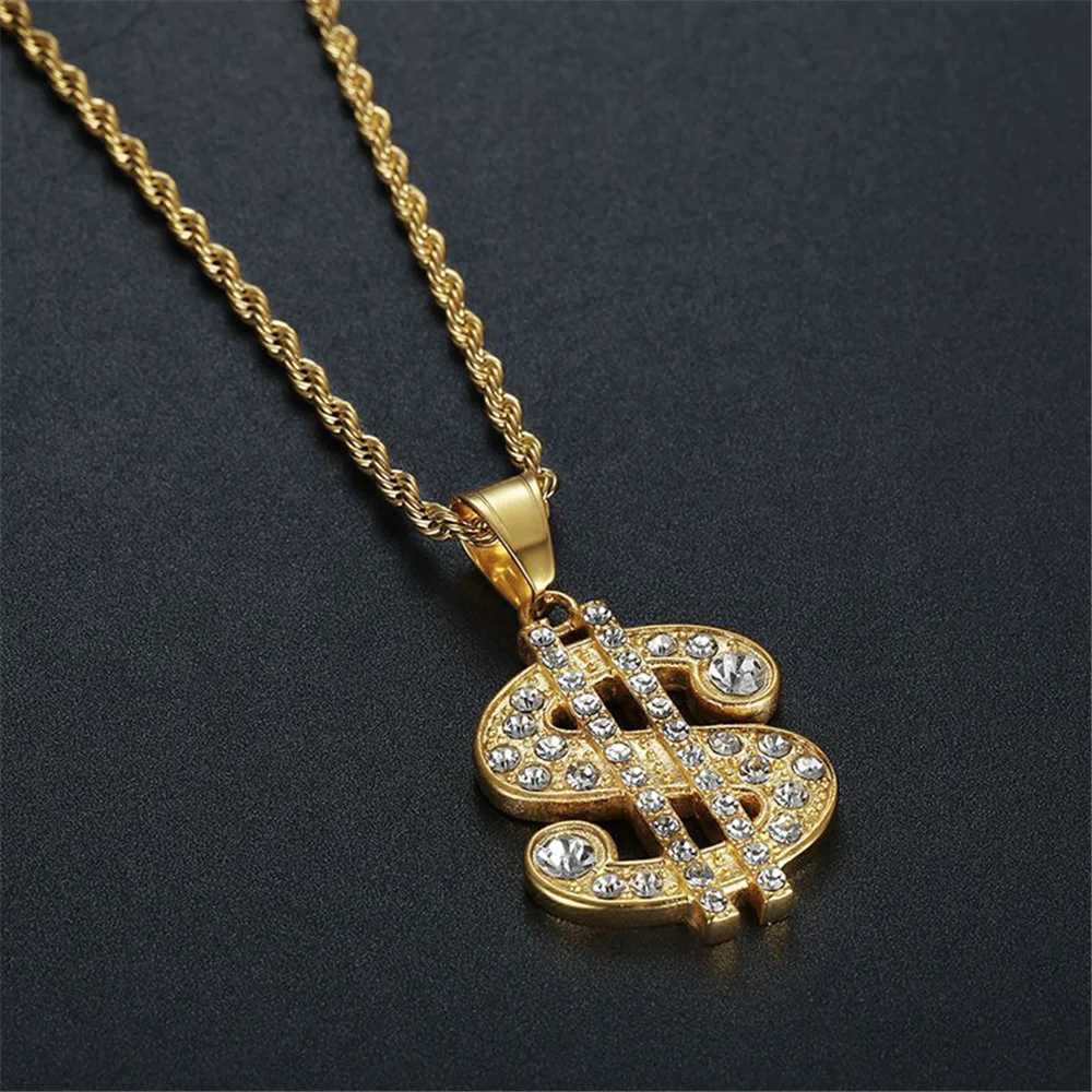 New Arrival Mens Hip Hop Rapper Gold Color Iced Out Bling Dollar Sign Pendant Stainless Steel Money Necklaces With Rope Chain Jewelry V250616