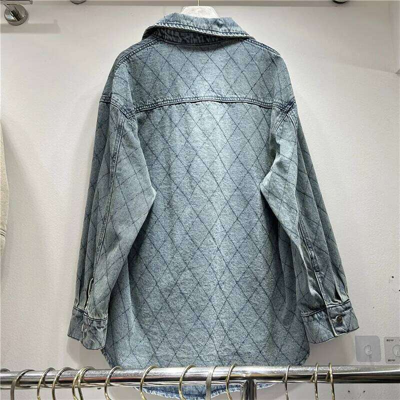 WTHT Trendy Women's Embroidery Animal Design Plaid Denim Shirt 2025 Summer Fashion Lapel Long Sleeve Blouse Female 1LS1345
