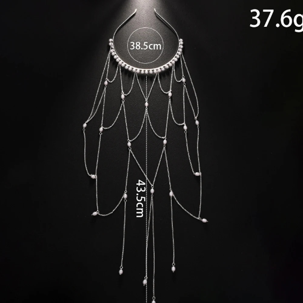 Stonefans Long Tassel Mesh Headband for Woman Press with Stones Elegant Pearl Headbands for Girls Wedding for Bride 250610