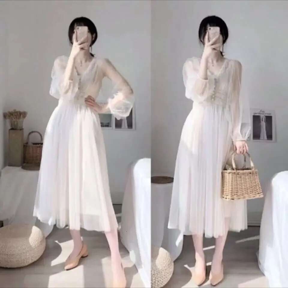 Female Dress A Line Beach Korean Style Womens Long Sleeve Dresses New Features of Sensual Sexy Clothes Chic and Elegant Pretty