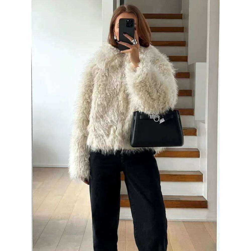 Tossy Fashion V-Neck Loose Cardigan Overcoat For Women Long Sleeve Patchwork Faux Fur High Street Clothes Female Winter Coat New
