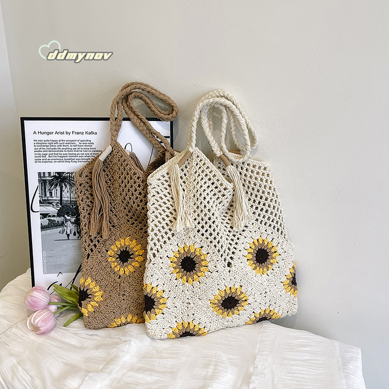 Forest Style Sunflower Knitted Hollow Woven Underarm for Women Summer Beach Large Capacity Shoulder Tote Bag ddmynov ddmynov ddmynov