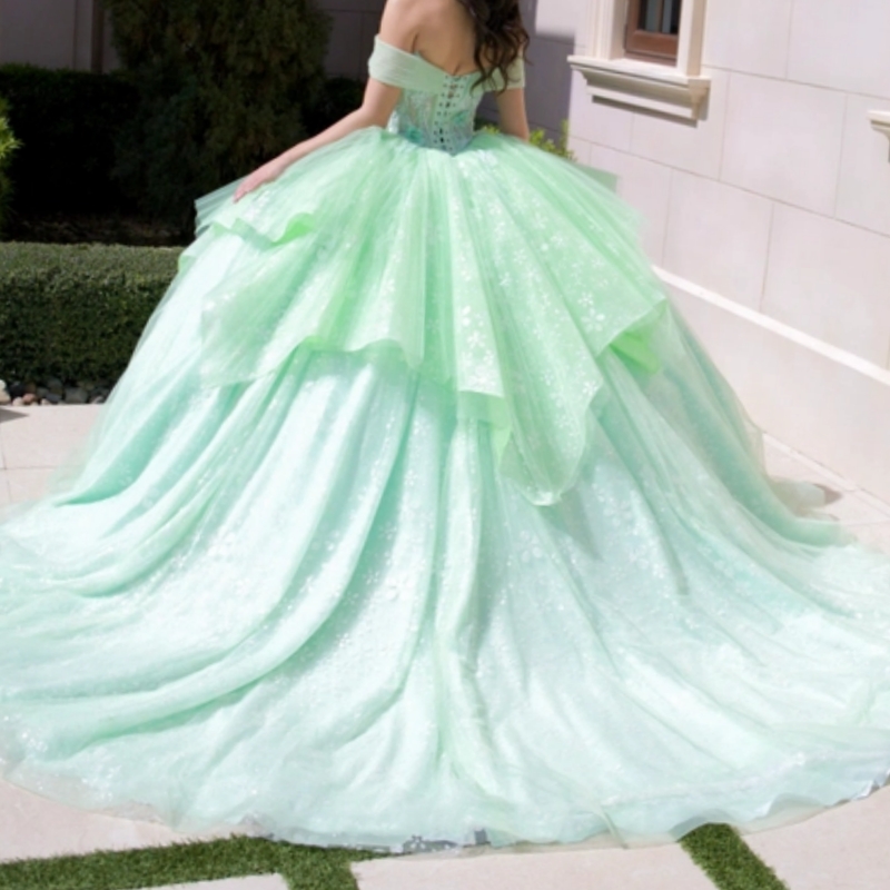 Green Shiny Quinceanera Dresses Ball Gown Off The Shoulde Sequin Applique Lace Beading Tull Corset Sweet 16 Dress Vestidos 15 De Anos