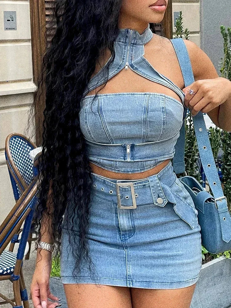 Sexy Denim Two Piece Set Women Y2K Clothes Zipper Halter Hollow Out Backless Crop Top and Mini Skirt Club Party Matching Sets 250614