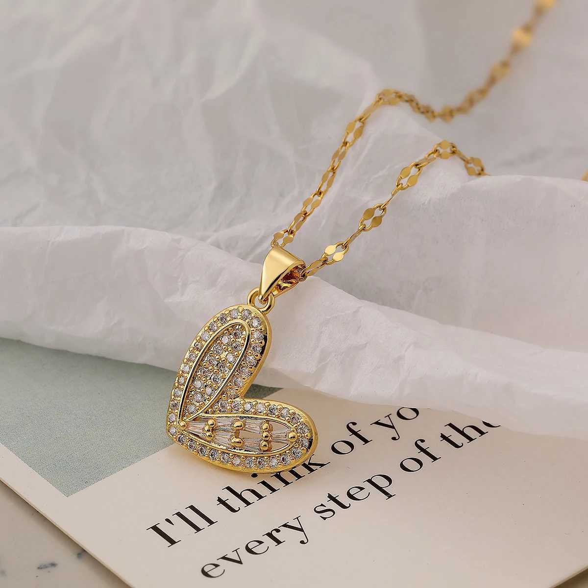 Mafisar Non-Fading Gold Color 316L Stainless Steel Party Jewelry Shiny AAA CZ Zircon Heart Pendants Necklaces For Women W250616