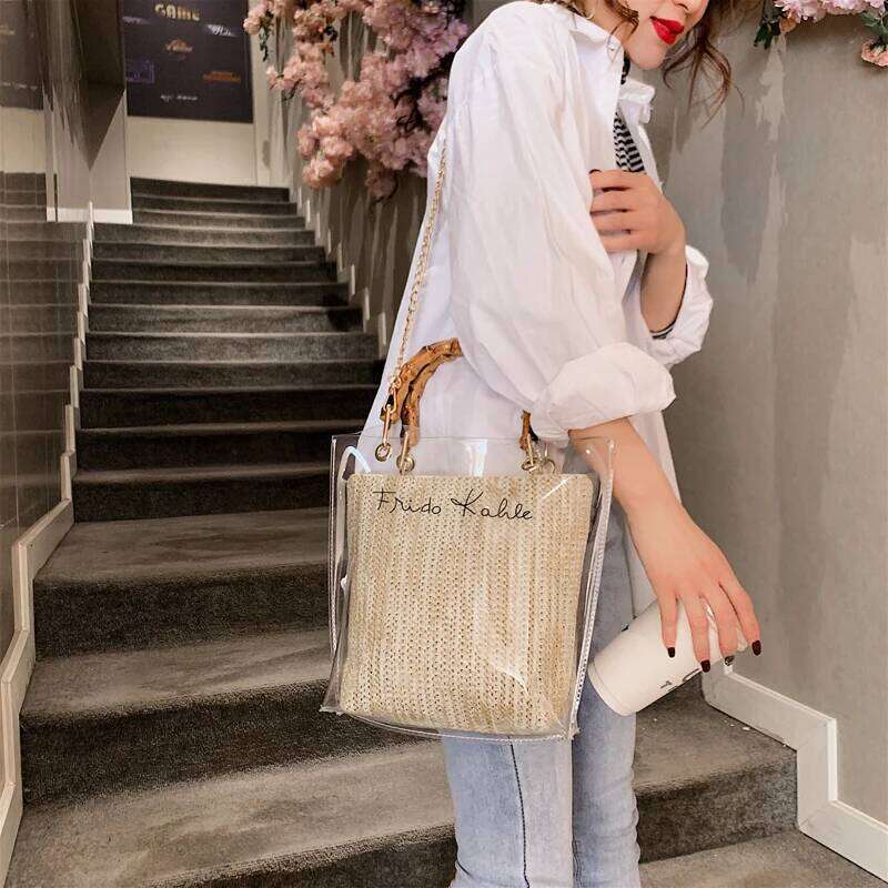 Slub Handle Transparent Bags For Women Summer Travel Shoulder Simple Crossbody Handbags Lady Beach Hand Bag