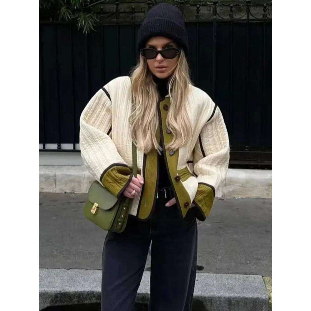 TARUXY Fashion Contrast Cotton Coat Women Single Breasted Splice Quilted Thermal Jacket Pocket Autumn Lady Casual Outwear