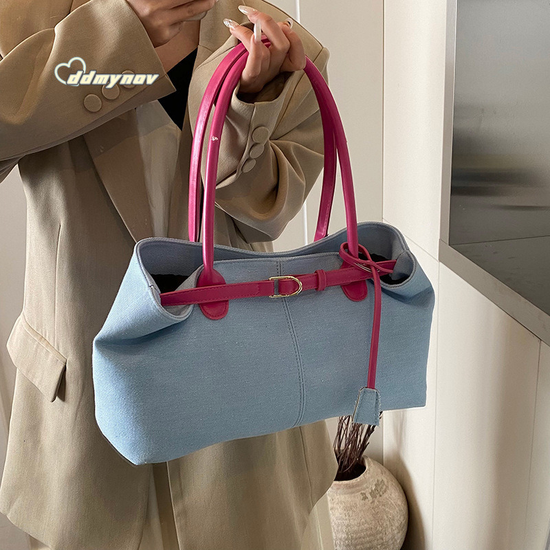 Commuting Large Capacity Denim for Women 2025 New Spring Summer Color-Block Handbag Casual Shoulder Tote Bag ddmynov ddmynov