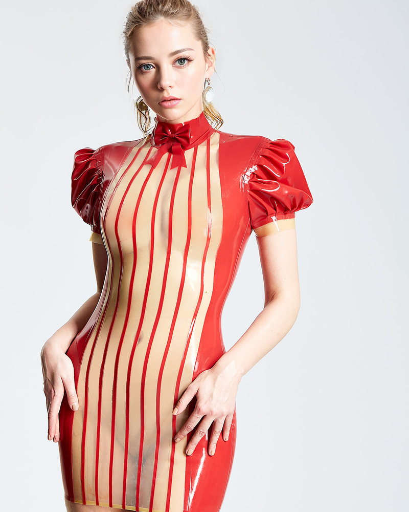 customized latex catsuit eurocat red transparent latex dress vertical stripes puffed short sleeves bow design handmade rubber clubwear cosplay