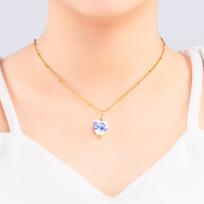 New Fashion Personality Light Blue White Porcelain Necklace and Earrings for Women, Titanium Steel Ceramic Design Jewelry Set