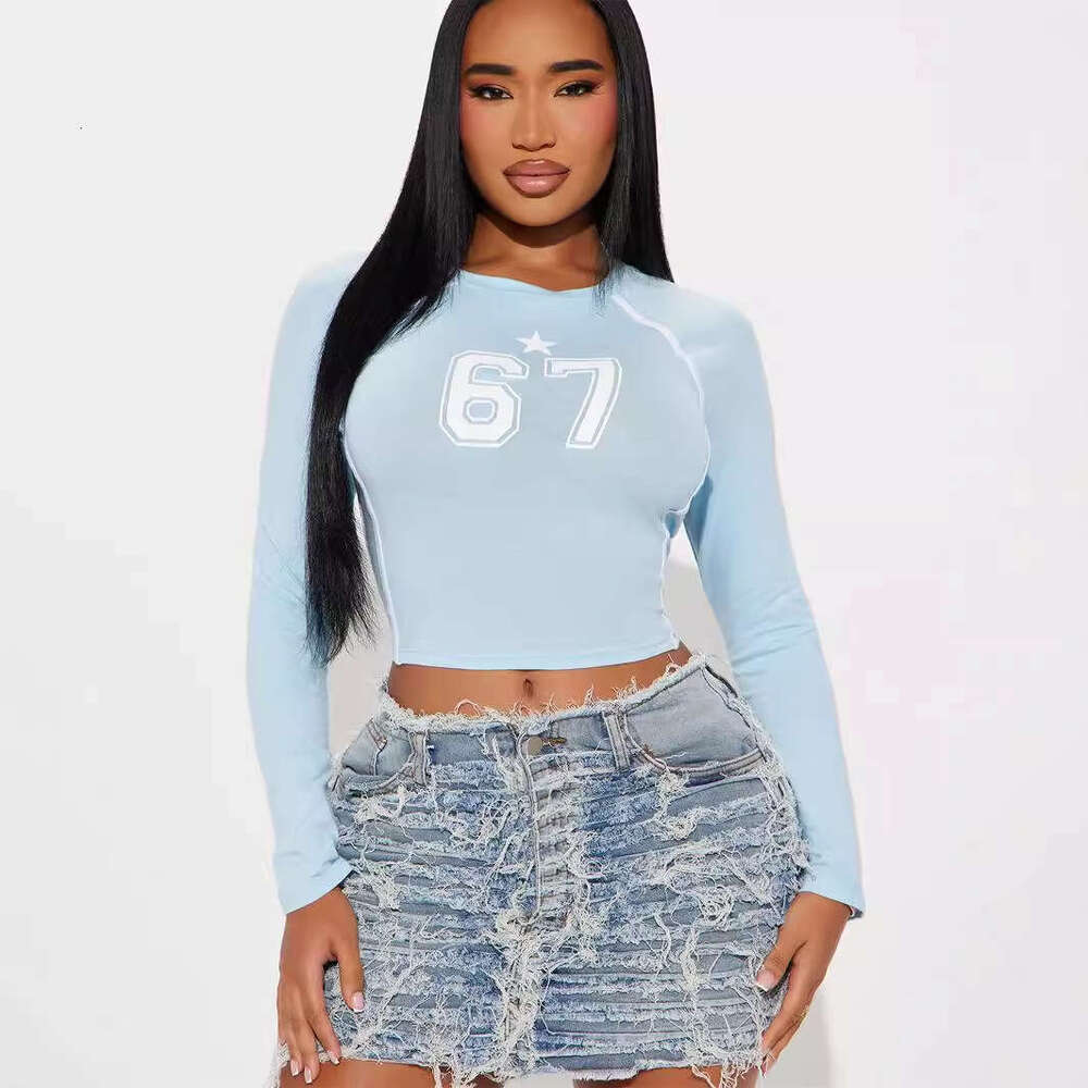 Autumn New Street Fashion Sports Stretch Simple Printed Long Sleeve Top For Women B5