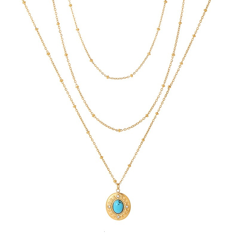 Fashion Style Simple Personality Inlaid Turquoise Oval Layered Necklace for Women Titanium Steel Versatile Jewelry
