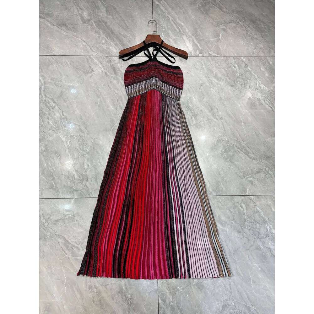 2025 New Women Halter Neck Knitted Long Dress Metallic Sequined Striped Sleeveless High Waist Holiday Ladies Robe