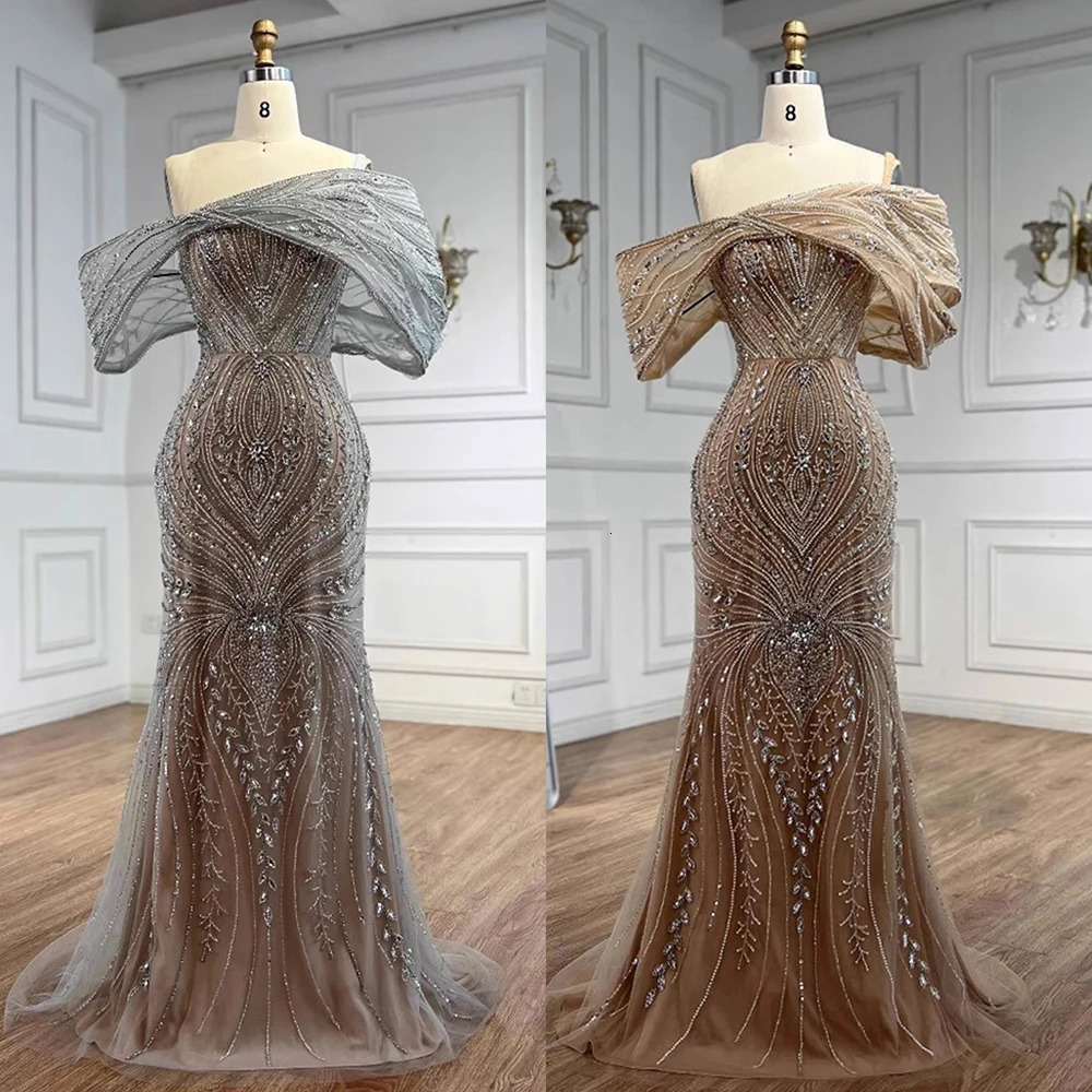 Serene Hill Customized y Off Shoulder Silver Nude Beaded Mermaid Saudi Evening Dress Gown for Formal Occasion LA72878 250612