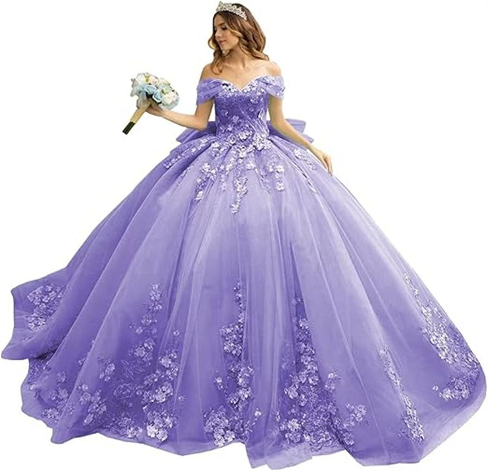 Ball Gown Quinceanera Dresses Off the Shoulder Appliques Big Bow Lace-up Sweetheart Tulle Plus Size Sweet 15 16 Princess Birthday Party Gowns Vestidos