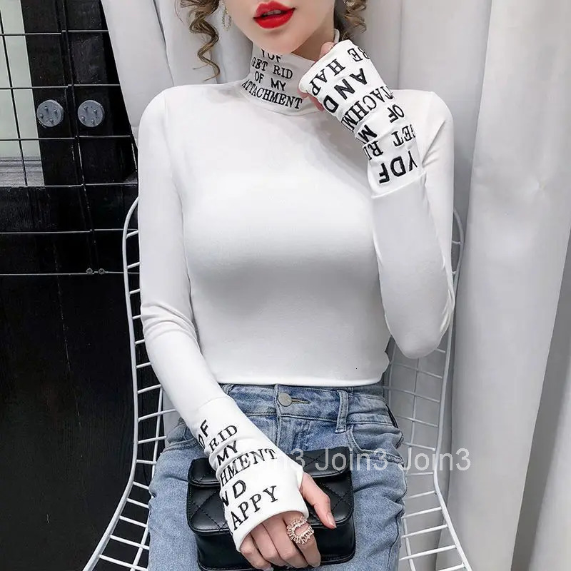 Long Sleeve Top for Women Skinny White T Shirts Female Pulovers Slim Clothes High Quality Tees In Cotton Cheap Luxury Turtleneck