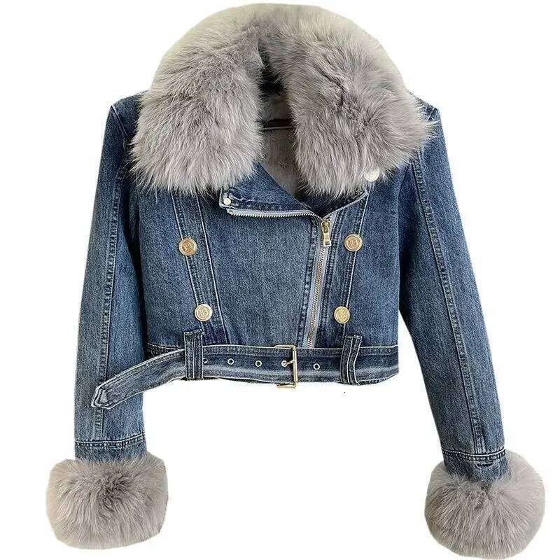Denim Fur Long Sleeve Coat Women 2025 Winter Veet Loose All-match Lace-up with Belt Jackets Korean Chic Lapel Female Parkas