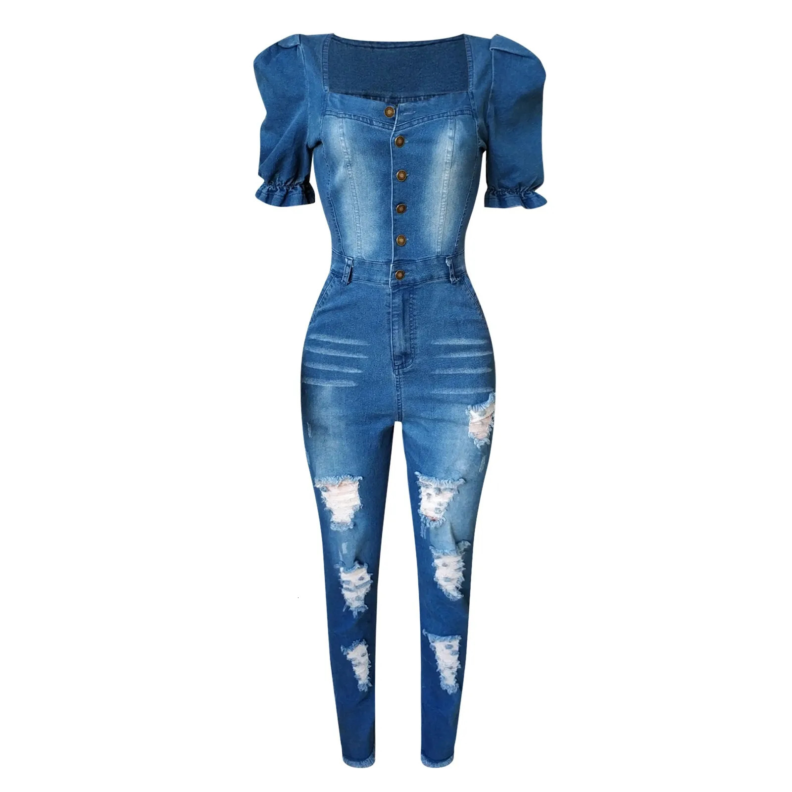 Ripped Hole Denim Overalls Women Jeans Jumpsuit Female Puff Sleeve Skinny Rompers Playsuits Streetwear Combinaison Femme 250612