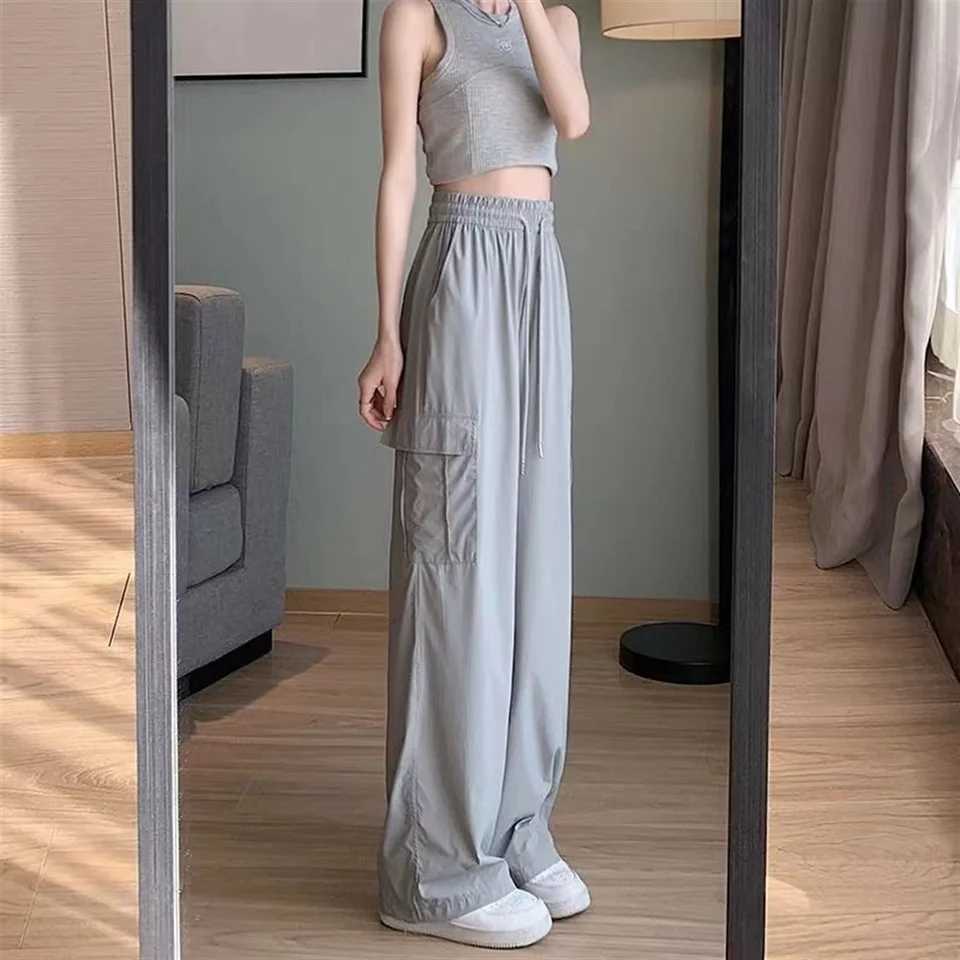 High Waist Baggy Cargo Pants Women Spring Summer Wide Leg Straight Solid Trousers Lady Casual Vintage Elastic Pant Streetwear XJ250616