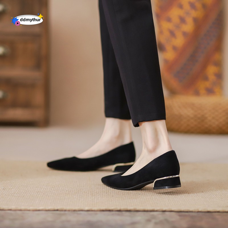 Black Suede Chunky for Women 2025 New Spring Autumn Pointed Toe Mid Heel High Heels Professional Formal Work Shoes ddmythur
