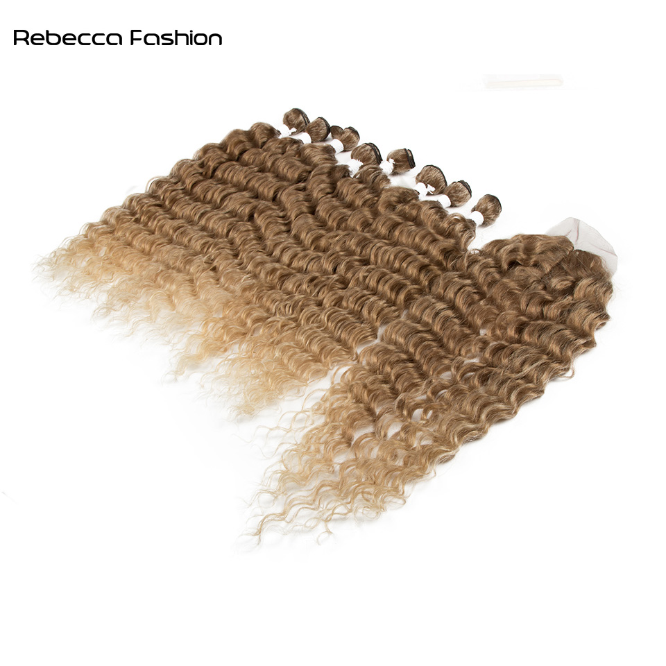Rebecca Fashion Synthetic Hair Water Wave Bundles With Closure Curly Hair 20 Inch 9Pcs High Temperature Fiber Cosplay For Women